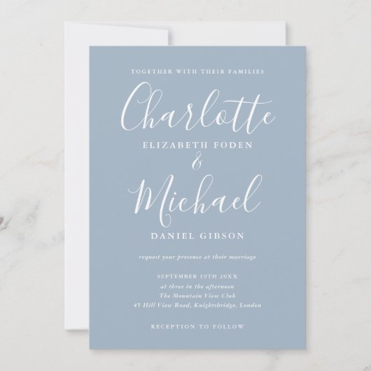 Dusty Blue Signature Script Photo Weddenschap Kaart (Voorkant)