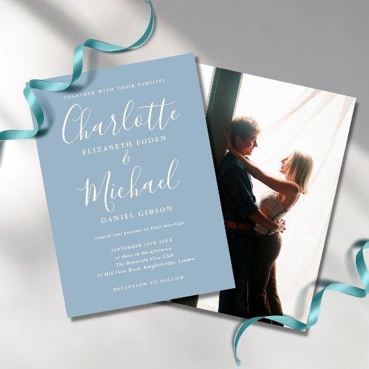 Dusty Blue Signature Script Photo Weddenschap Kaart