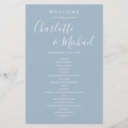 Dusty Blue Signature Script Wedding Programme (Devant)