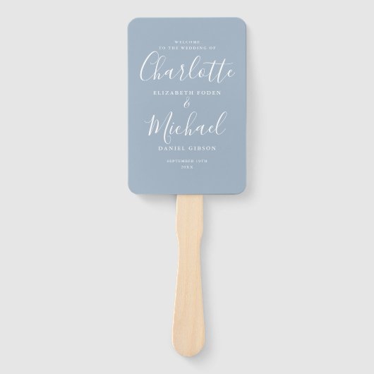 Dusty Blue Signature Script Wedding Programme Handwaaier (Voorkant)