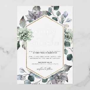 Dusty Blue & Silver Desert Greenery Wedding Folie Uitnodiging