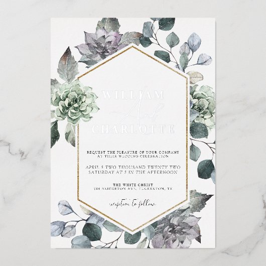 Dusty Blue & Silver Desert Greenery Wedding Folie Uitnodiging (Voorkant)