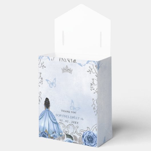 Dusty Blue Silver Floral Princess SWEET 16 Bedankdoosjes (Geopend)