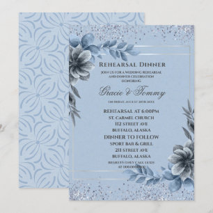 Dusty Blue Silver Floral Rehearsal Dinner Kaart
