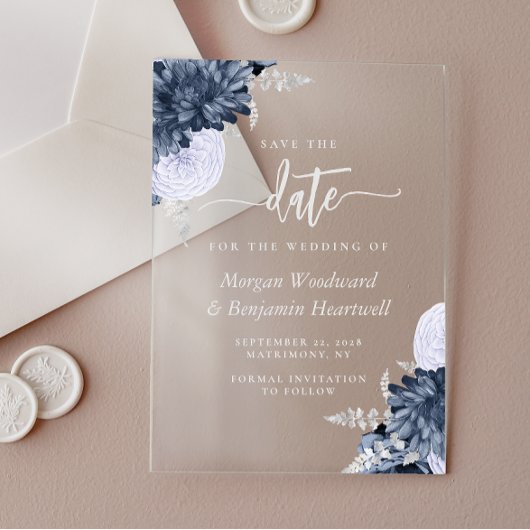 Dusty Blue Silver Floral Wedding Save the Date Acryl Uitnodigingen