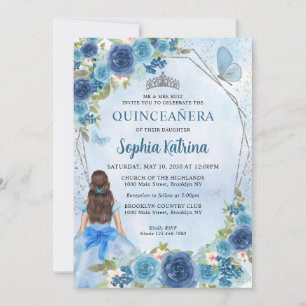 Dusty Blue Silver Glam Floral Princess Quinceañera Kaart