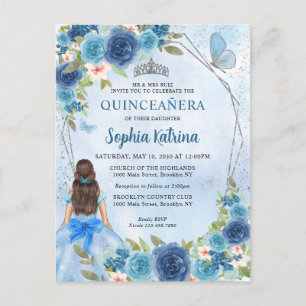 Dusty Blue Silver Glam Floral Princess Quinceañera Uitnodiging Briefkaart