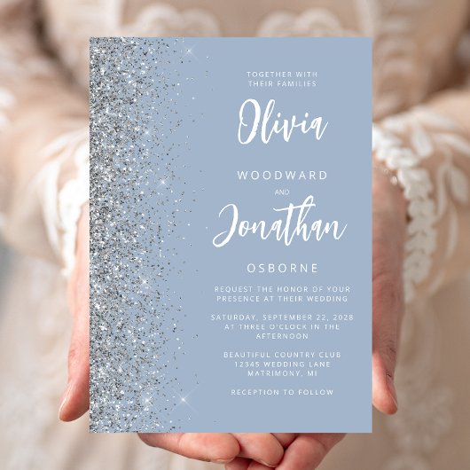 Dusty Blue Silver Glitter Calligraphy Wedding Kaart