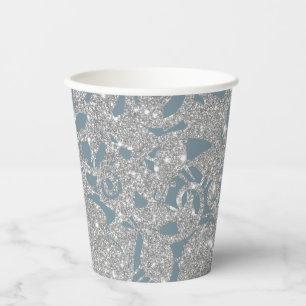 Dusty Blue Silver Glitter Floral Papieren Bekers