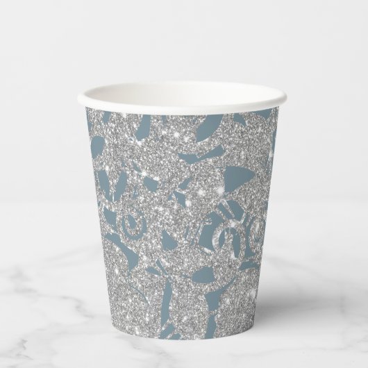 Dusty Blue Silver Glitter Floral Papieren Bekers (Voorkant)