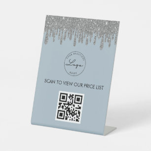 Dusty Blue Silver Glitter Scan me QR Code Logo Reclamebord Met Voetstuk