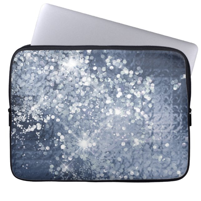 Dusty Blue Silver Glitter Sparkly Laptop Sleeve (Voorkant)