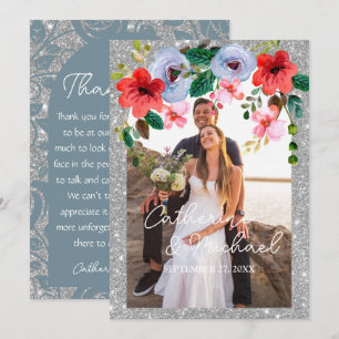 Dusty Blue Silver Glitter Waterverf Floral Arch Bedankkaart