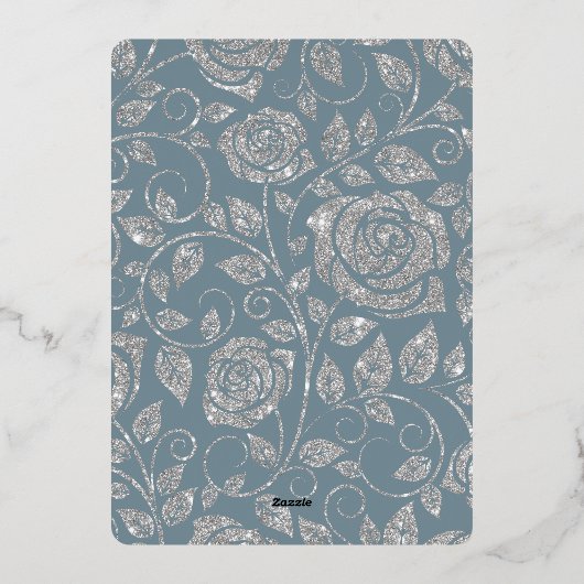 Dusty Blue Silver Glitter Waterverf Floral Arch Folie Uitnodiging (Achterkant)