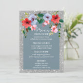 Dusty Blue Silver Glitter Waterverf Floral Arch Menu (Staand voorkant)
