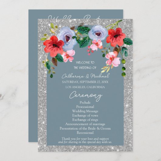 Dusty Blue Silver Glitter Waterverf Floral Arch Programma (Voorkant / Achterkant)