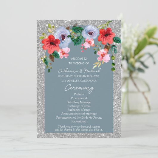 Dusty Blue Silver Glitter Waterverf Floral Arch Programma (Staand voorkant)