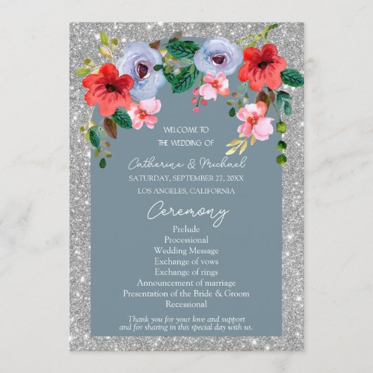 Dusty Blue Silver Glitter Waterverf Floral Arch Programma (Voorkant)