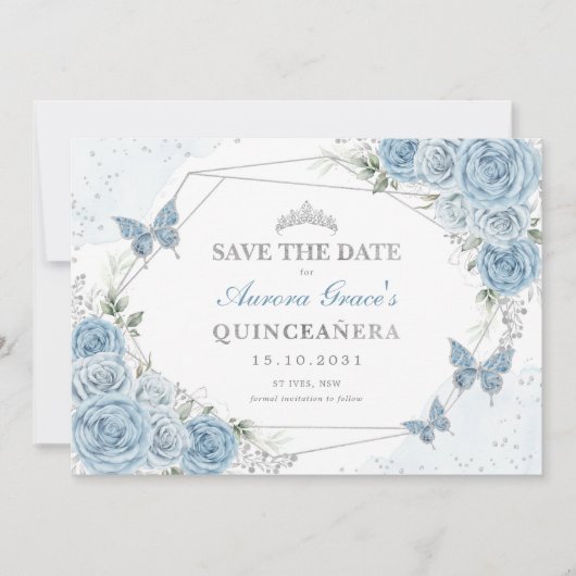 Dusty Blue Silver Rozen Quinceanera Save the Date Aankondiging (Voorkant)