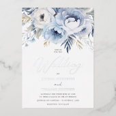 Dusty Blue & Silver Sparkle Bloemen Huwelijk Folie Uitnodiging (Voorkant)