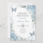 Dusty Blue Silver Sweet 16 Vlinder Verjaardag Kaart (Voorkant)