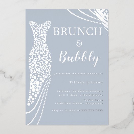 Dusty Blue & Silver Vrijgezellenfeest Brunch & Bub Folie Uitnodiging (Voorkant)