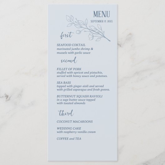 Dusty Blue Simple Boho Floral Menu Mariage (Devant)