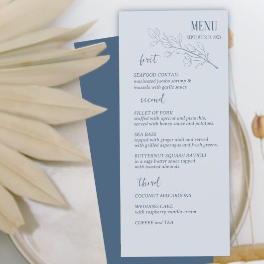 Dusty Blue Simple Boho Floral Menu Mariage