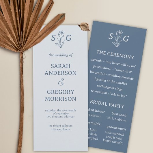 Dusty Blue Simple Boho Floral Wedding Programme