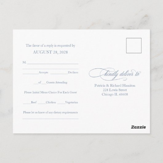 Dusty Blue Simple élégant mariage RSVP carte posta (Dos)