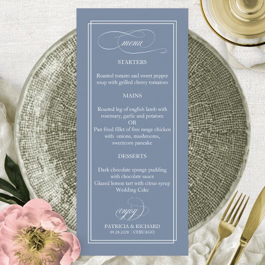 Dusty Blue Simple Elegant Menu Mariage 4x9