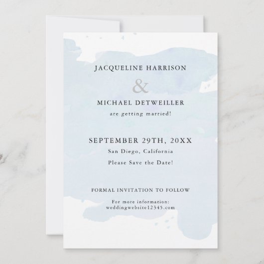 Dusty Blue Simple Elegant Modern Script Waterverf Save The Date (Achterkant)