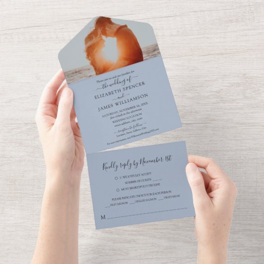 Dusty Blue Simple Elegant Photo Wedding All In One Uitnodiging (Afscheurbaar)