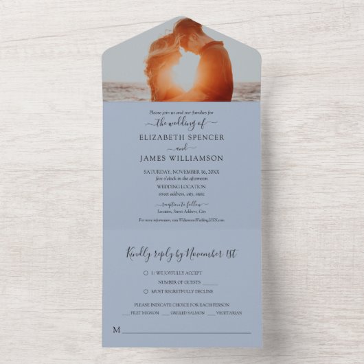 Dusty Blue Simple Elegant Photo Wedding All In One Uitnodiging (Binnen)