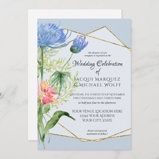 Dusty Blue Simple Waterverf Modern Floral Wedding Kaart (Voorkant / Achterkant)
