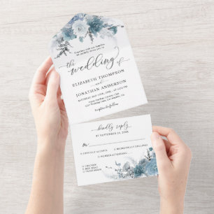 Dusty Blue Slate Boho Floral Wedding Details RSVP All In One Uitnodiging
