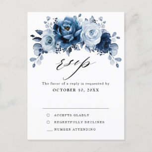 Dusty Blue Slate Dark Navy Floral Botanical RSVP Briefkaart