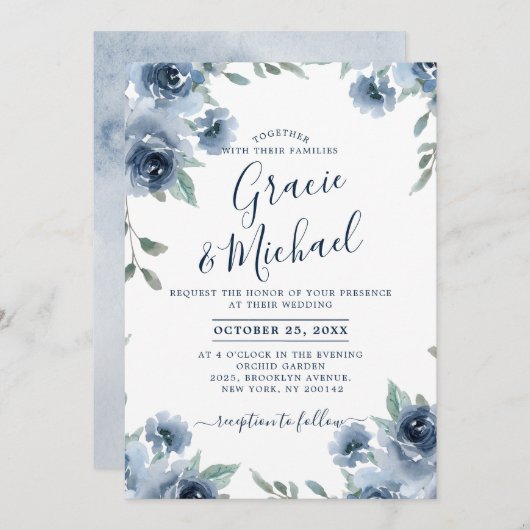Dusty Blue Slate Floral Botanical Chic Wedding Kaart (Voorkant / Achterkant)