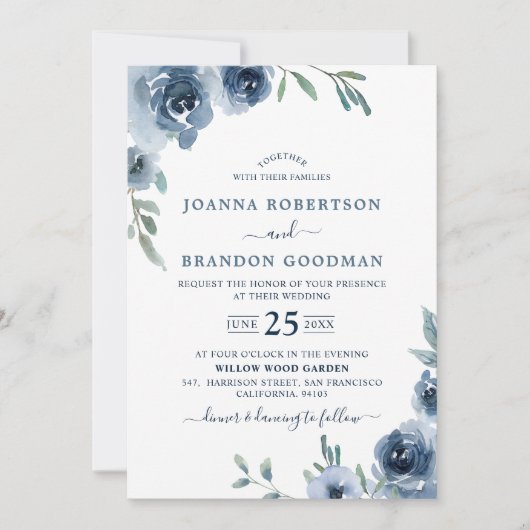 Dusty Blue Slate Floral Botanical Chic Wedding Kaart (Voorkant)