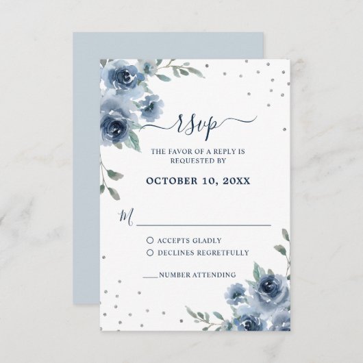 Dusty Blue Slate Floral Botanical Chic Wedding RSVP Kaartje (Voorkant / Achterkant)