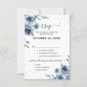 Dusty Blue Slate Floral Botanical Chic Wedding RSVP Kaartje