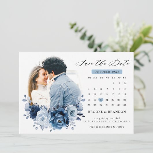 Dusty Blue Slate Navy Botanical Photo Calendar Save The Date (Staand voorkant)