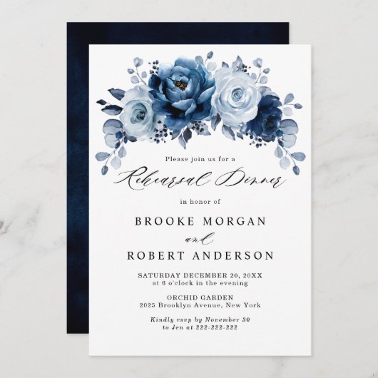 Dusty Blue Slate Navy Botanical Rehearsal Dinner Kaart (Voorkant / Achterkant)