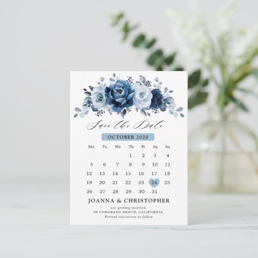 Dusty Blue Slate Navy Botanical Save the Date Briefkaart (Staand voorkant)