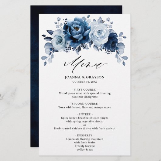 Dusty Blue Slate Navy Botanical Wedding Menu (Voorkant / Achterkant)