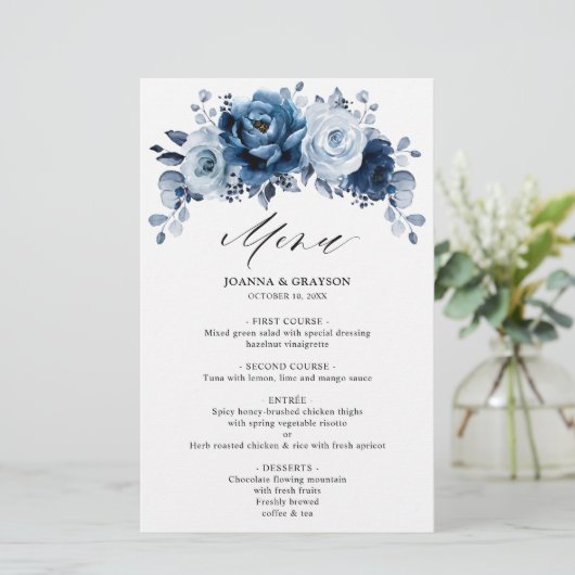 Dusty Blue Slate Navy Botanical Wedding Menu (Staand voorkant)