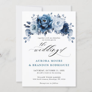 Dusty Blue Slate Navy Floral Botanical Wedding Kaart