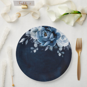 Dusty Blue Slate Navy Floral Botanical Wedding Pap Papieren Bordje