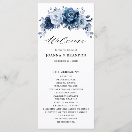 Dusty Blue Slate Navy Floral Botanical Wedding Programma (Voorkant)