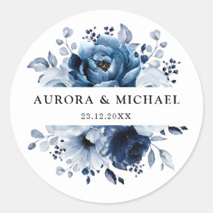 Dusty Blue Slate Navy Floral Botanical Wedding Ronde Sticker